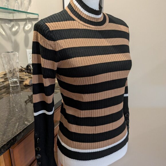T Tahari LP Petite Mock Neck Ribbed Knit Sweater Black Tan Stripe Button Cuff - Picture 3 of 5